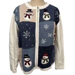 Croft & Barrow S Snowman Patchwork Zip Up Ugly Christmas Cardigan Winter Holiday